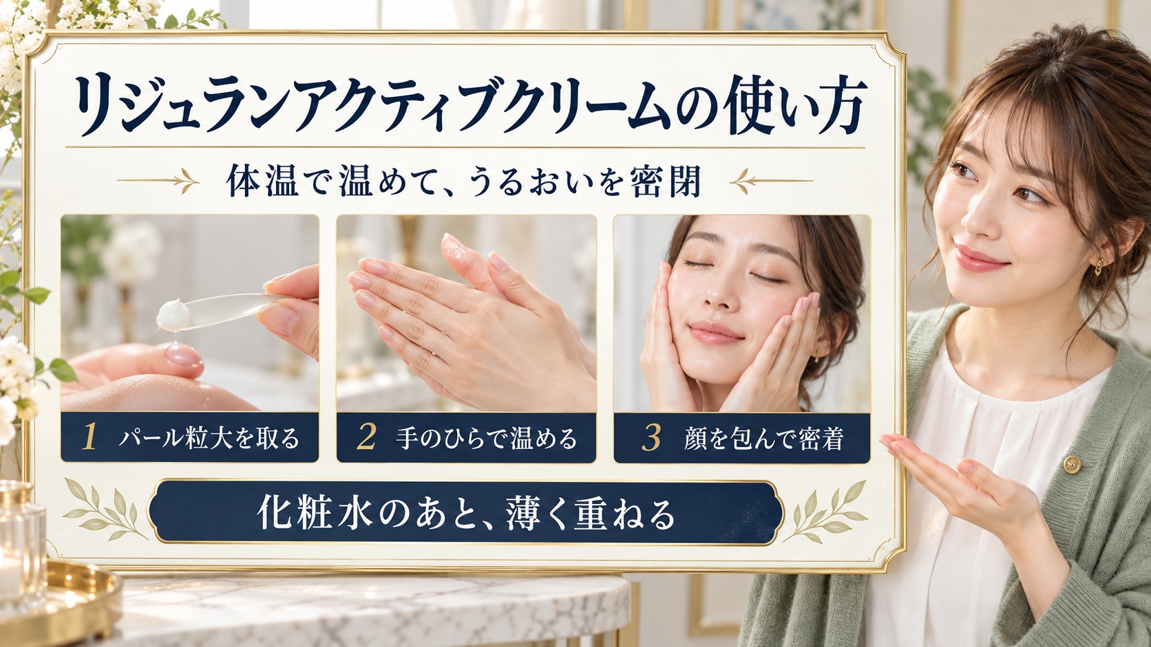 リジュランアクティブクリームの使い方を3ステップで示す美容解説ボード|Chocobraアイキャッチ