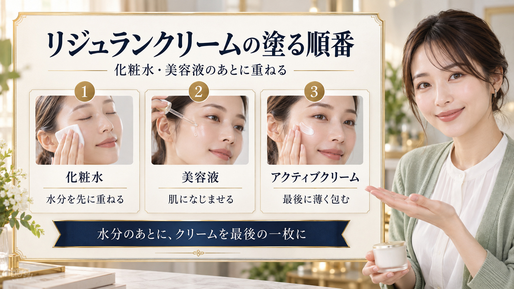 リジュランクリームの塗る順番を化粧水・美容液・クリームの3段階で示す美容解説ボード|Chocobraアイキャッチ