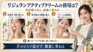 リジュランアクティブクリームとレチノールまたはビタミンCの美容液を重ねる順番を示す解説ボード｜Chocobraアイキャッチ