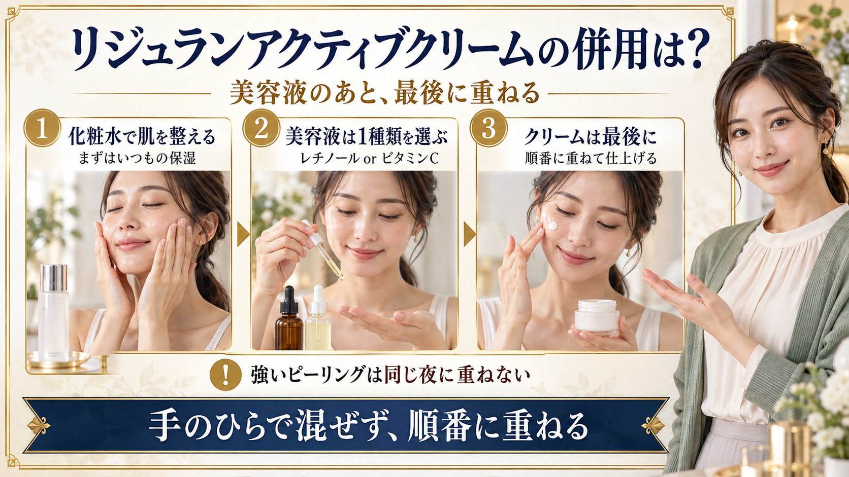 リジュランアクティブクリームとレチノールまたはビタミンCの美容液を重ねる順番を示す解説ボード｜Chocobraアイキャッチ