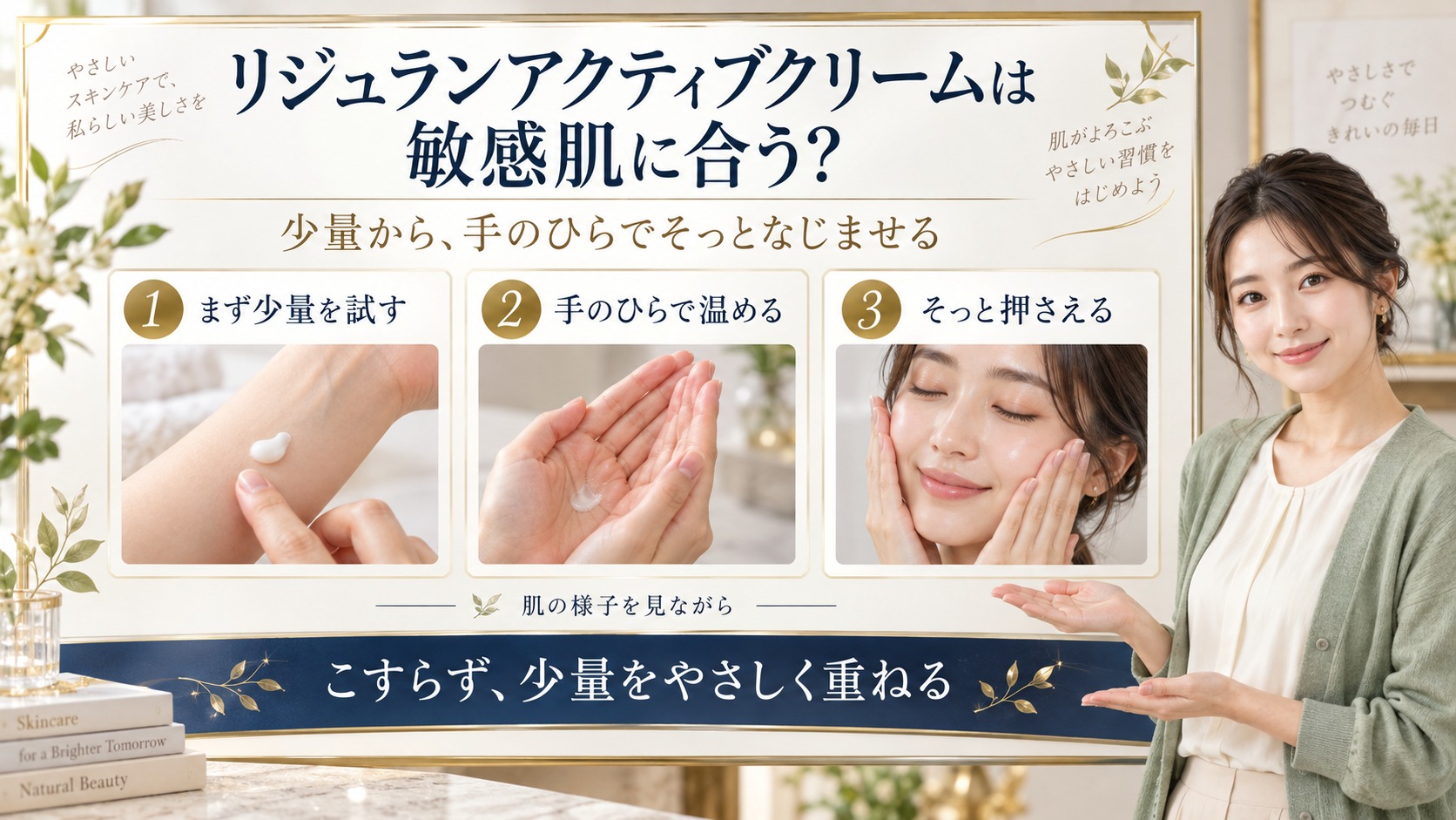 リジュランアクティブクリームは敏感肌に合う？刺激を避ける使い方を少量・手のひらで温める・そっと押さえる手順で示した美容解説ボード