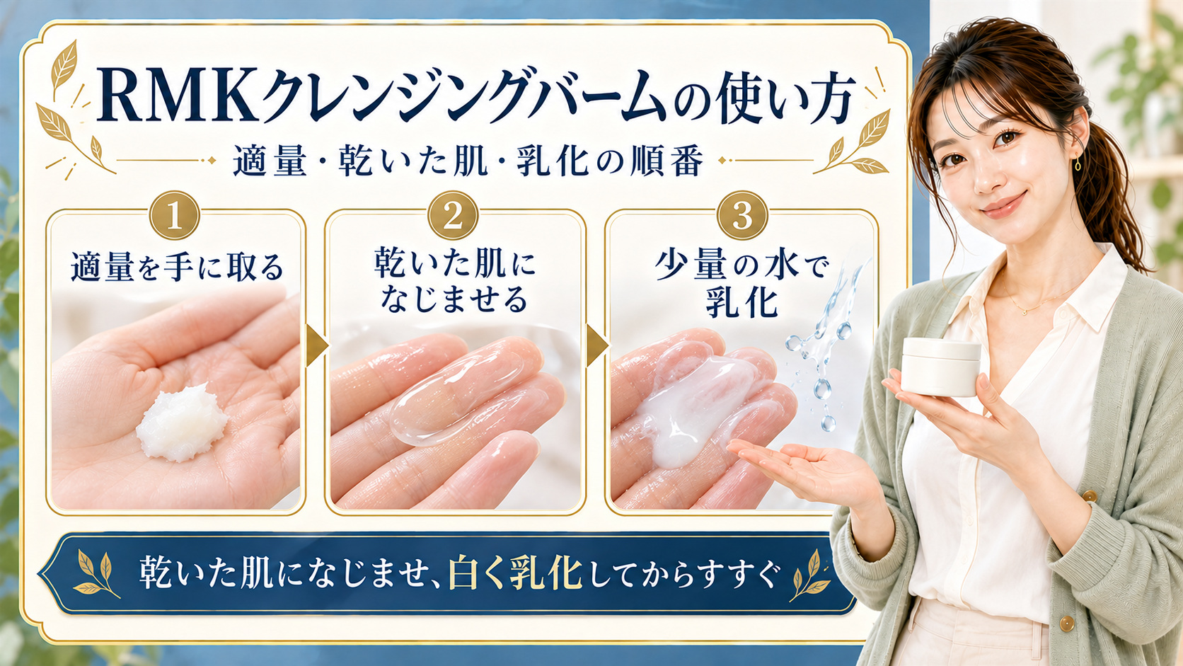 RMK Wトリートメントクレンジングバームの使い方を、適量・乾いた肌・乳化の3手順で案内する美容解説ボード|Chocobraアイキャッチ