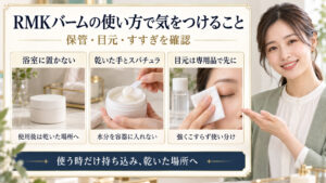 RMK Wトリートメントクレンジングバームの保管・使い方をまとめた解説ボード