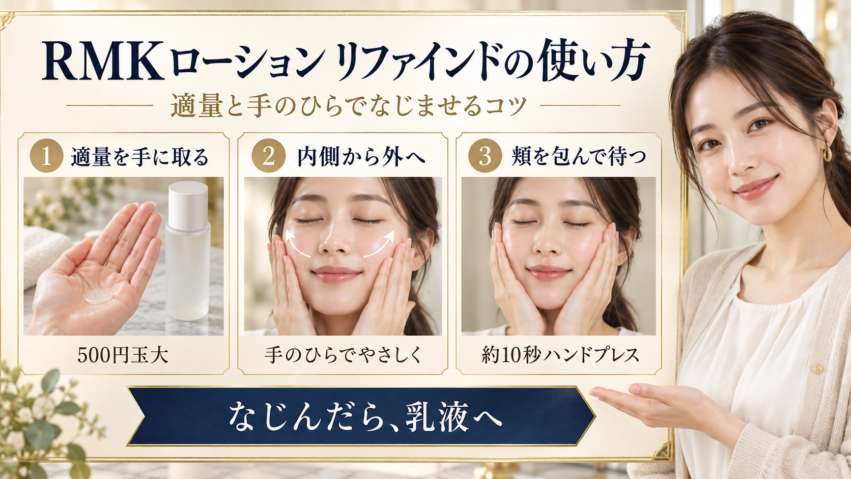 RMKローション リファインドの使い方と手のひらでなじませる手順を示したアイキャッチ