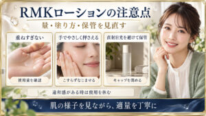 RMKローションの使用量、手でのなじませ方、保管の注意点をまとめた美容解説ボード｜Chocobraアイキャッチ