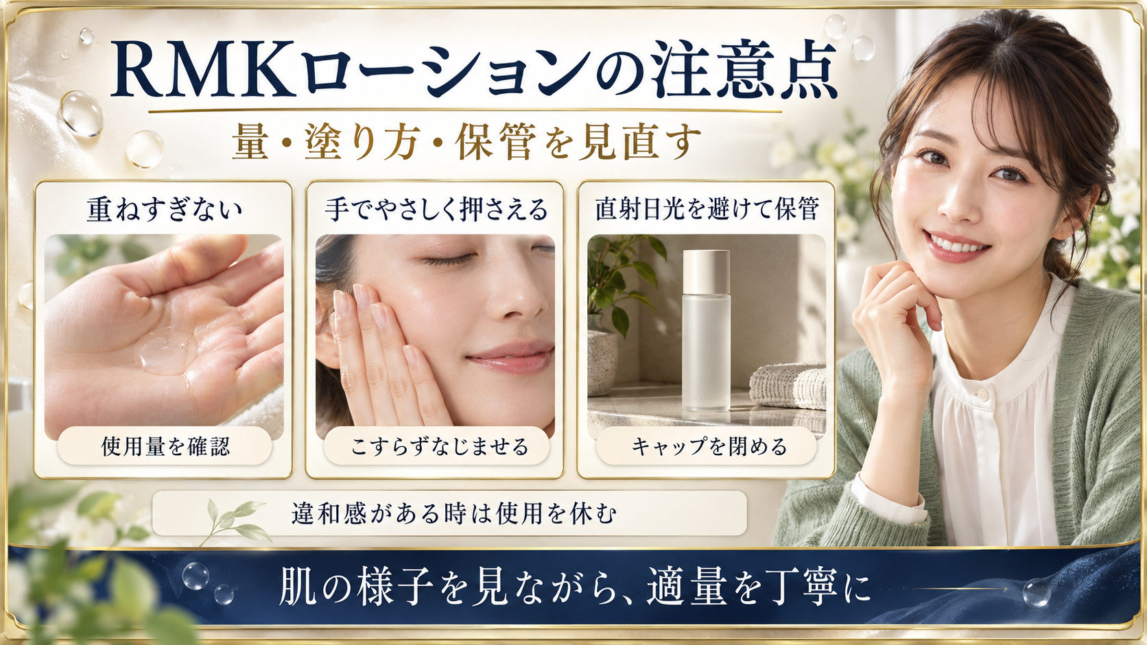 RMKローションの使用量、手でのなじませ方、保管の注意点をまとめた美容解説ボード｜Chocobraアイキャッチ
