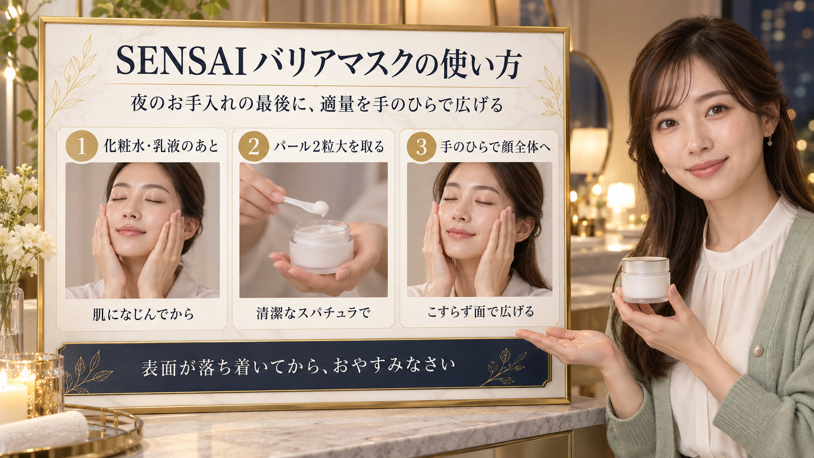 SENSAIバリアマスクの使い方。夜のお手入れで適量を手のひらに広げるステップを紹介する美容解説ボード｜Chocobraアイキャッチ