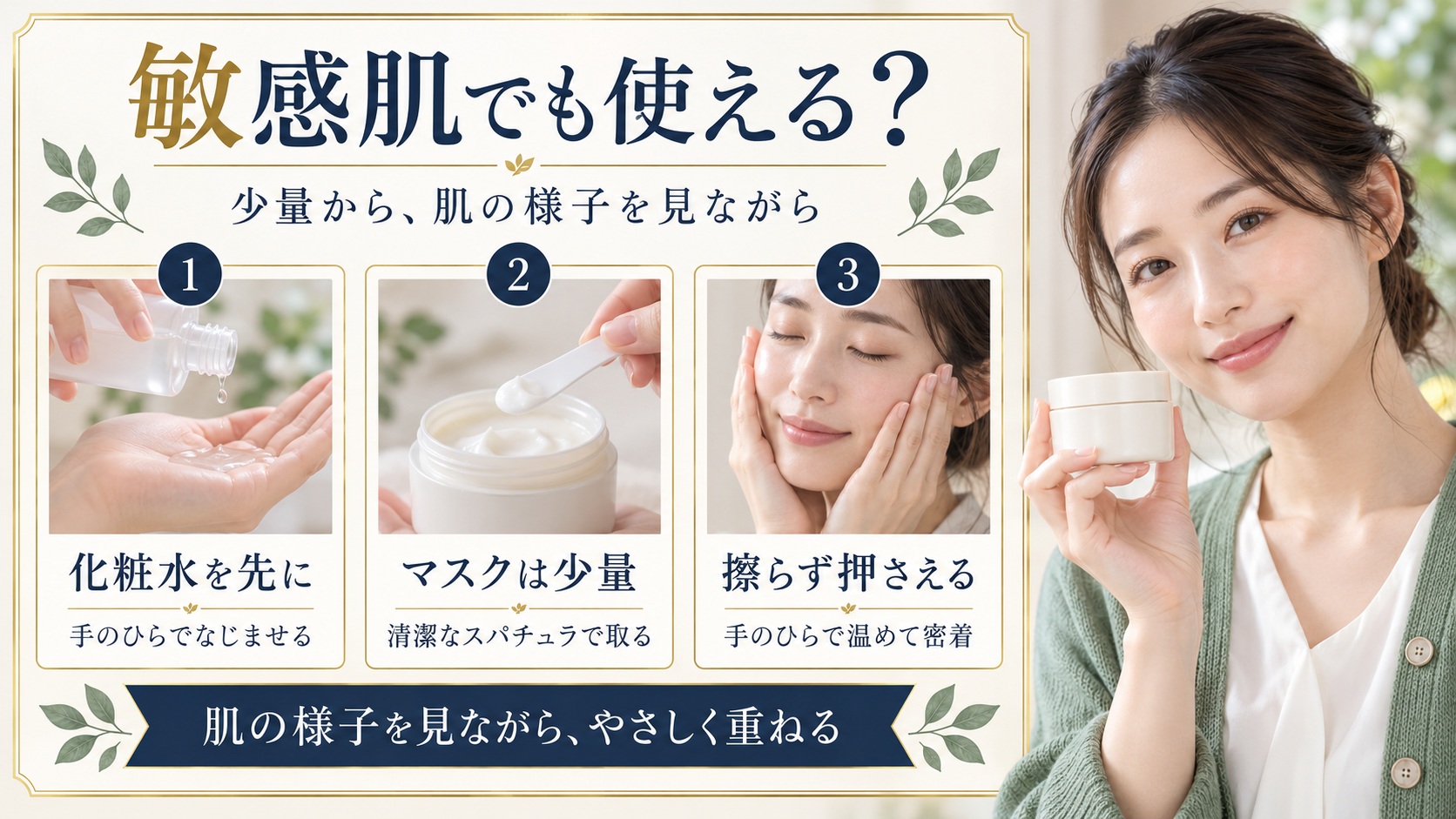 化粧水のあとに少量のSENSAIバリアマスクを手のひらで温めてなじませる手順を示す美容解説ボード