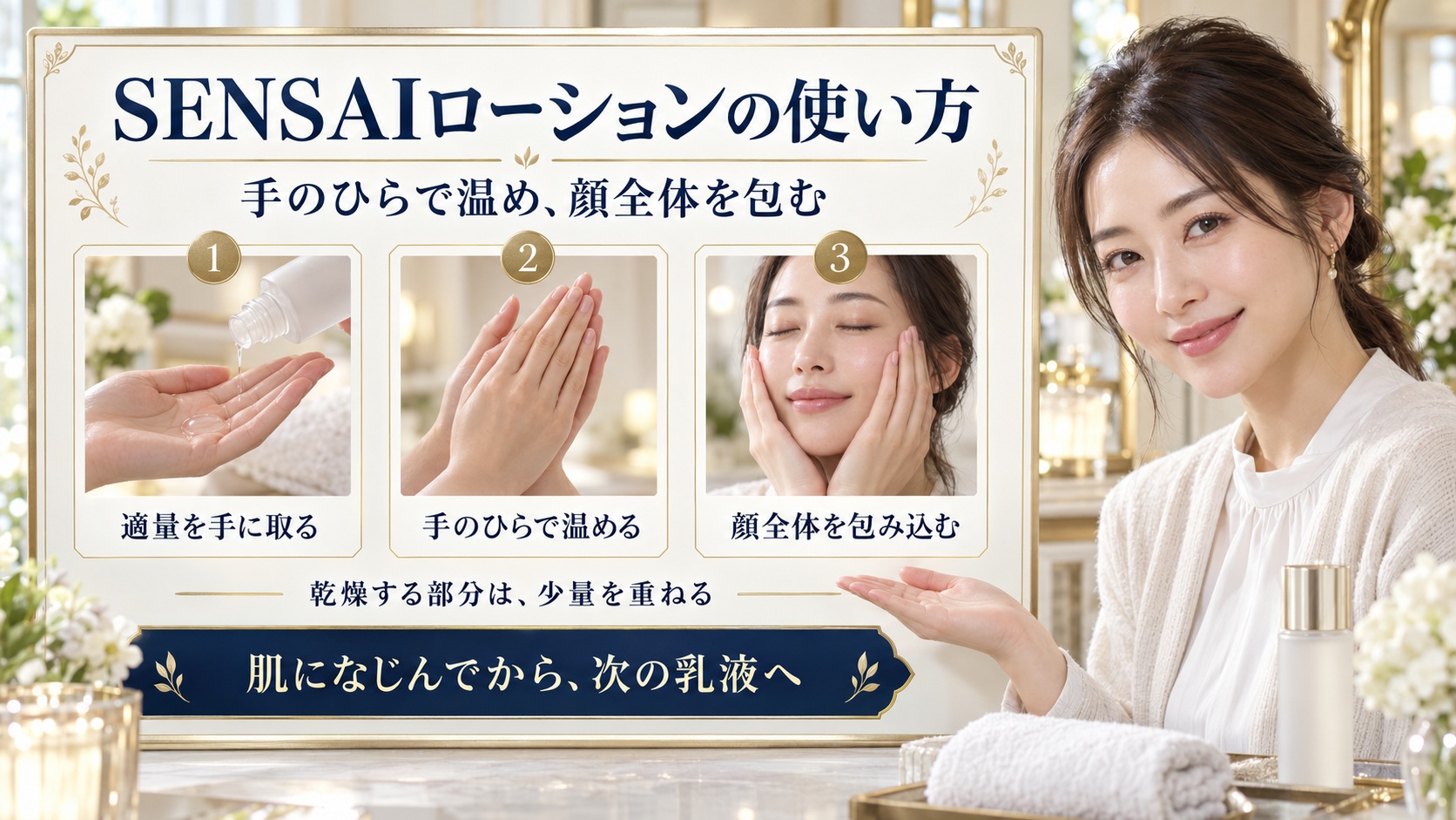 SENSAIローションの使い方を、手のひらで温めて顔全体を包み込む3つの手順で示した美容解説ボード