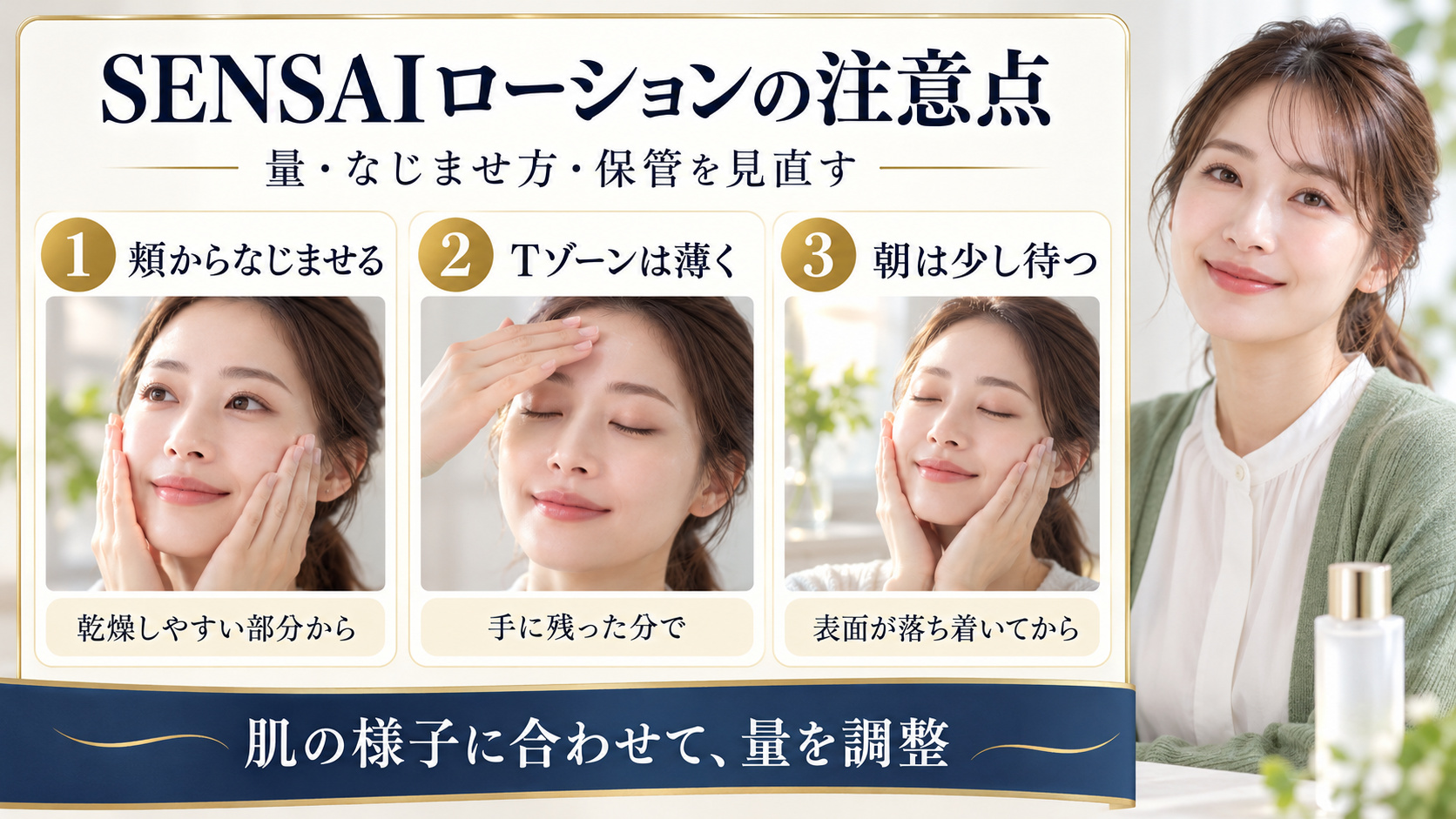 SENSAIローションの使い方を解説する美容ボード。頬からなじませ、Tゾーンは薄く、朝は表面が落ち着いてから次のケアへ進む流れを3つの写真で案内。