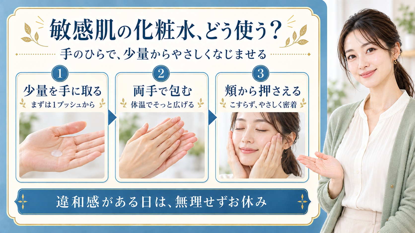少量を手に取り、両手で温めてから頬にそっと押さえる手順を示す敏感肌向け化粧水の解説ボード。右側に美容アドバイザー。
