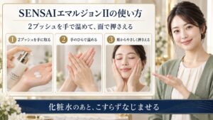 SENSAIエマルジョンIIを2プッシュ手に取り、手のひらで温め、頬をやさしく押さえる手順を示した美容解説ボード。