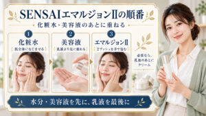 SENSAIエマルジョンIIを使う順番を示す美容ボード。化粧水、美容液、エマルジョンIIの順に重ね、必要なら乳液の後にクリームを使う手順。
