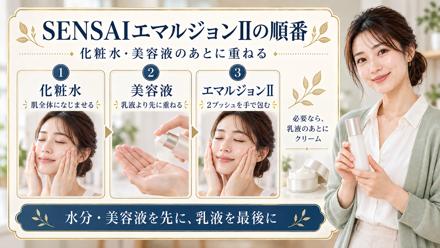 SENSAIエマルジョンIIを使う順番を示す美容ボード。化粧水、美容液、エマルジョンIIの順に重ね、必要なら乳液の後にクリームを使う手順。