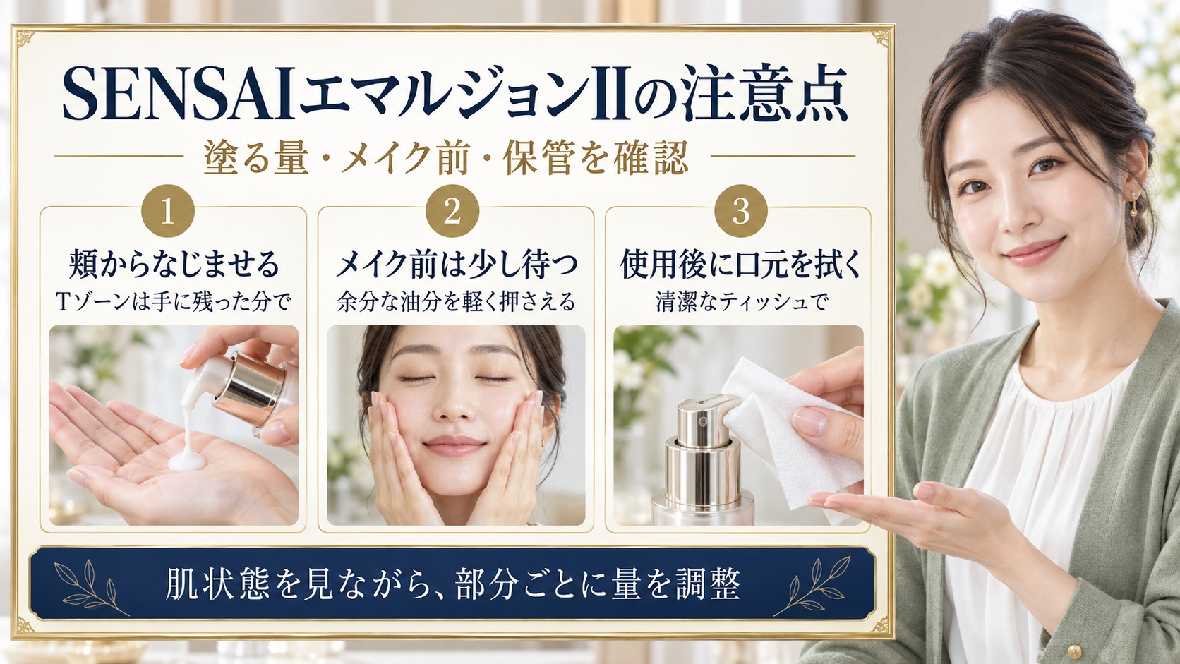 SENSAIエマルジョンIIの塗布量、メイク前、使用後の保管上の注意を示すアイキャッチ