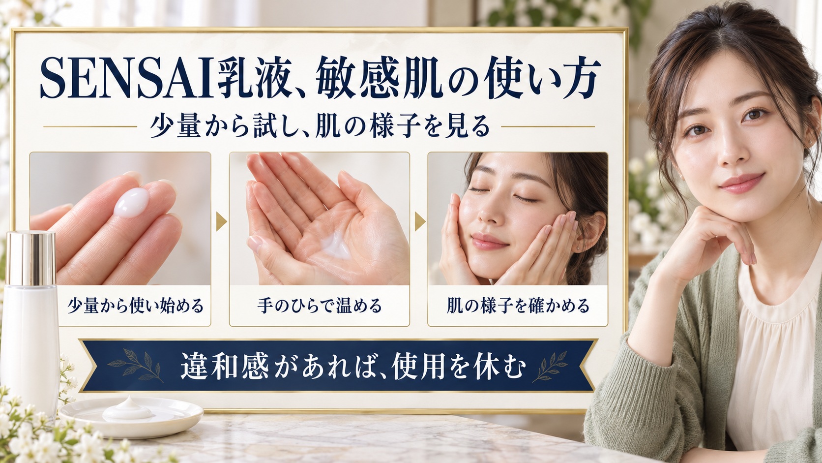 SENSAI乳液を少量から使い始め、手のひらで温めて肌の様子を確かめる流れを3つのカードで示した美容解説ボード