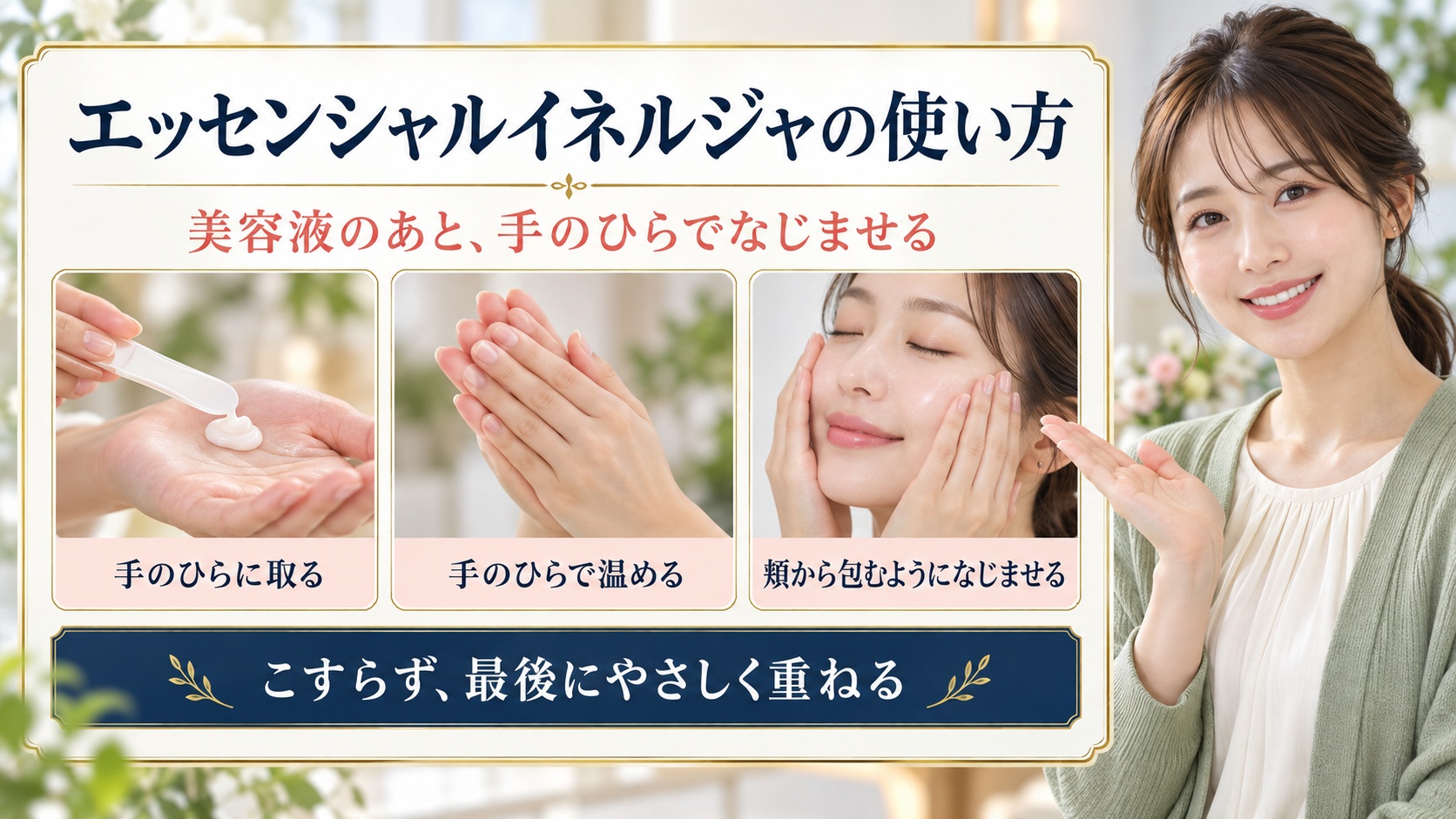 クリームを手のひらに取り、温めてから頬になじませる使い方を示すスキンケアボード