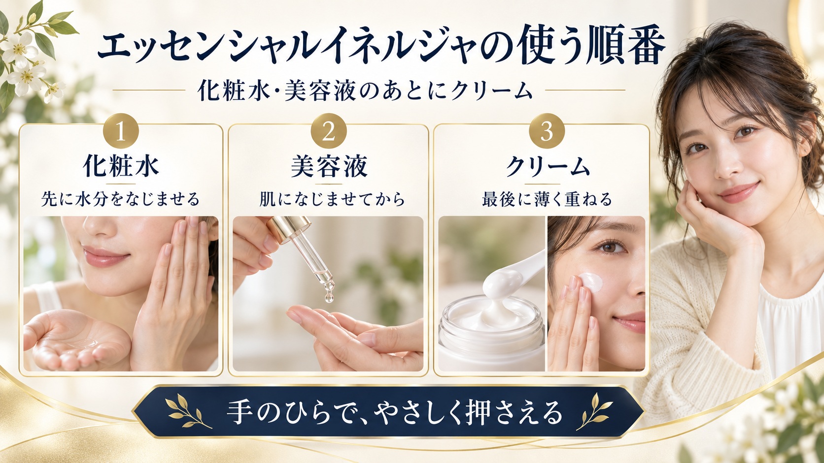 化粧水、美容液、クリームの順に重ねるスキンケア手順を示すアイキャッチ
