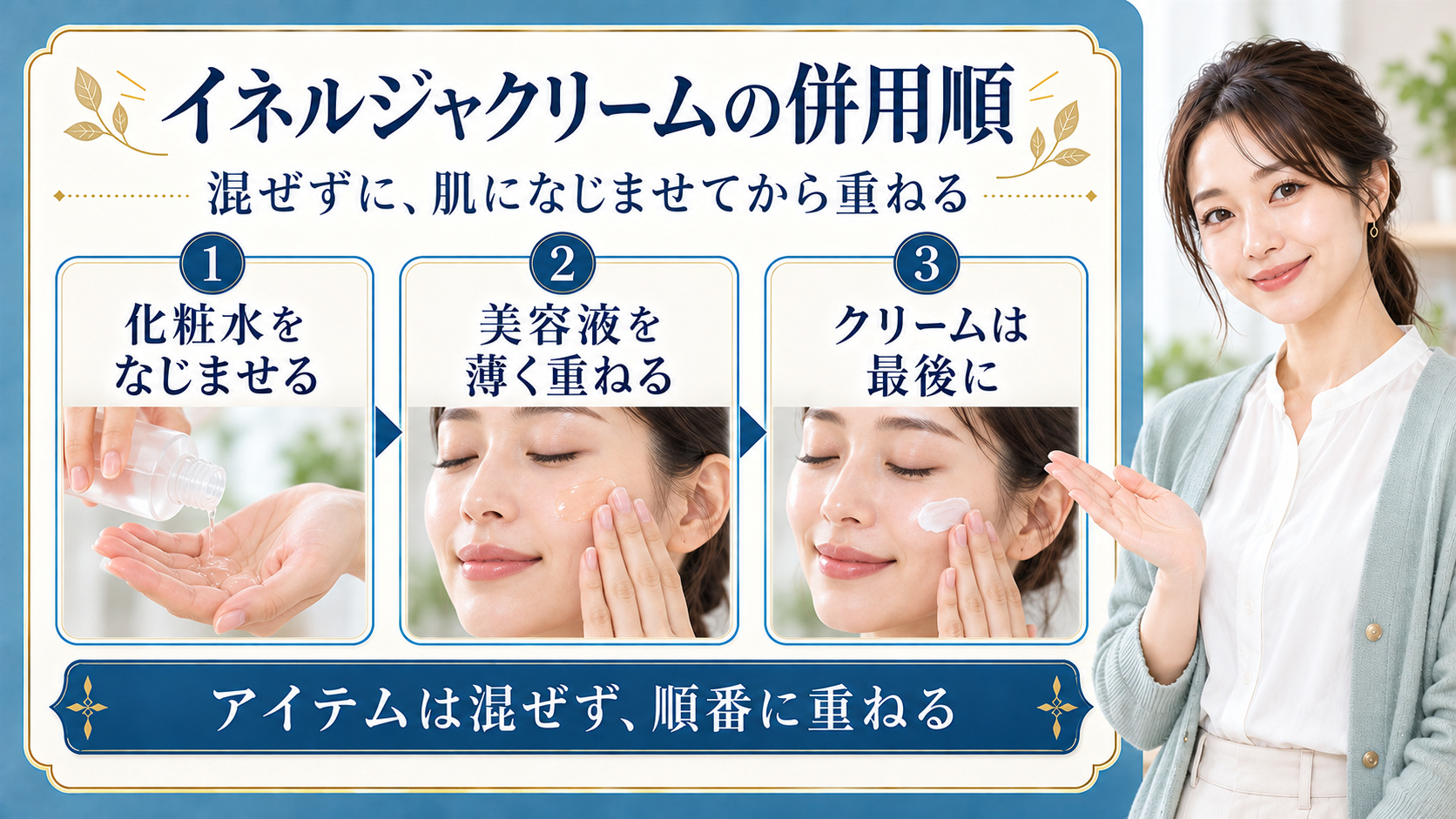 化粧水、美容液、エッセンシャルイネルジャクリームを順番に重ねる手順を示す美容ボード