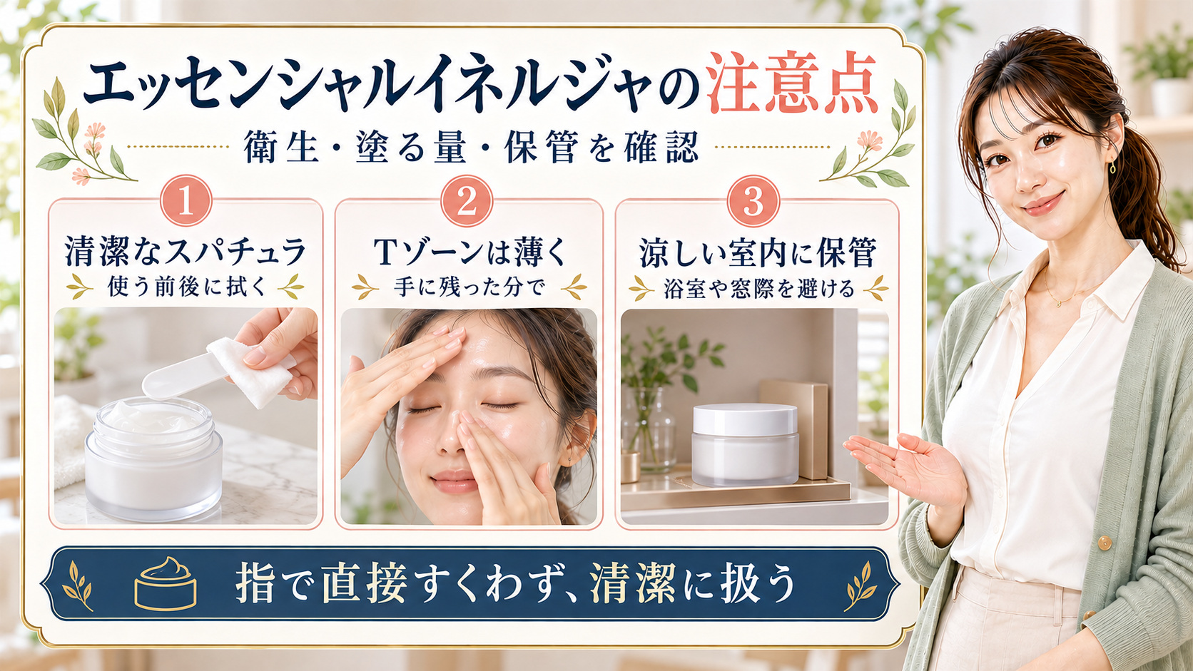 清潔なスパチュラ、Tゾーンの塗布量、浴室や窓際を避ける保管を3枚のカードで示す美容解説ボード