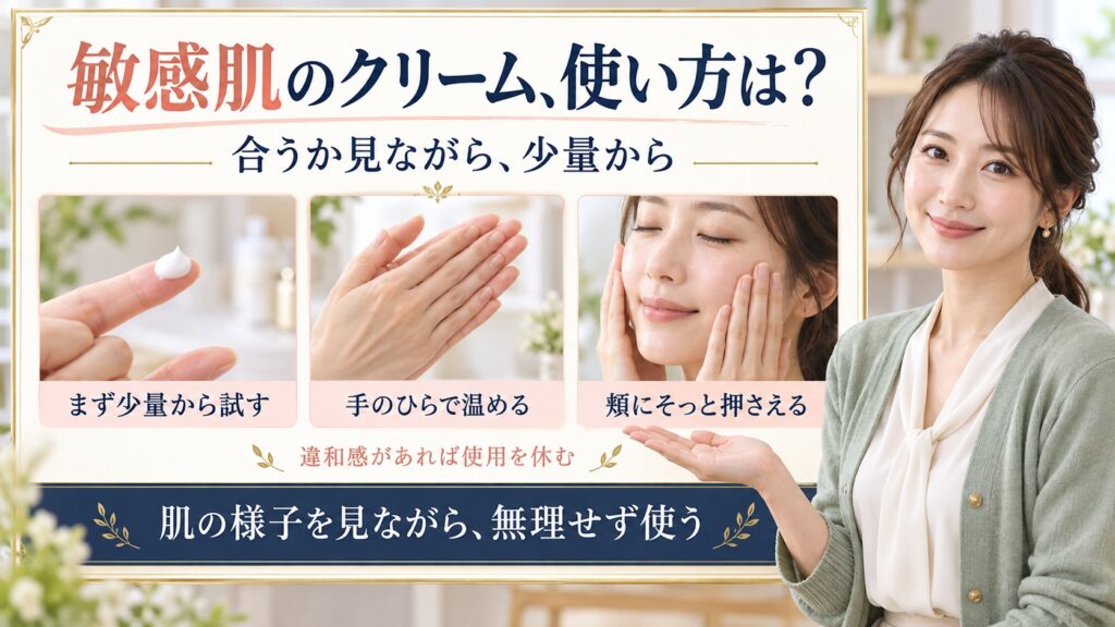エッセンシャルイネルジャのクリームを少量から始め、手のひらで温めて頬にそっと押さえる使い方を示す美容ボード。違和感時は休む案内。