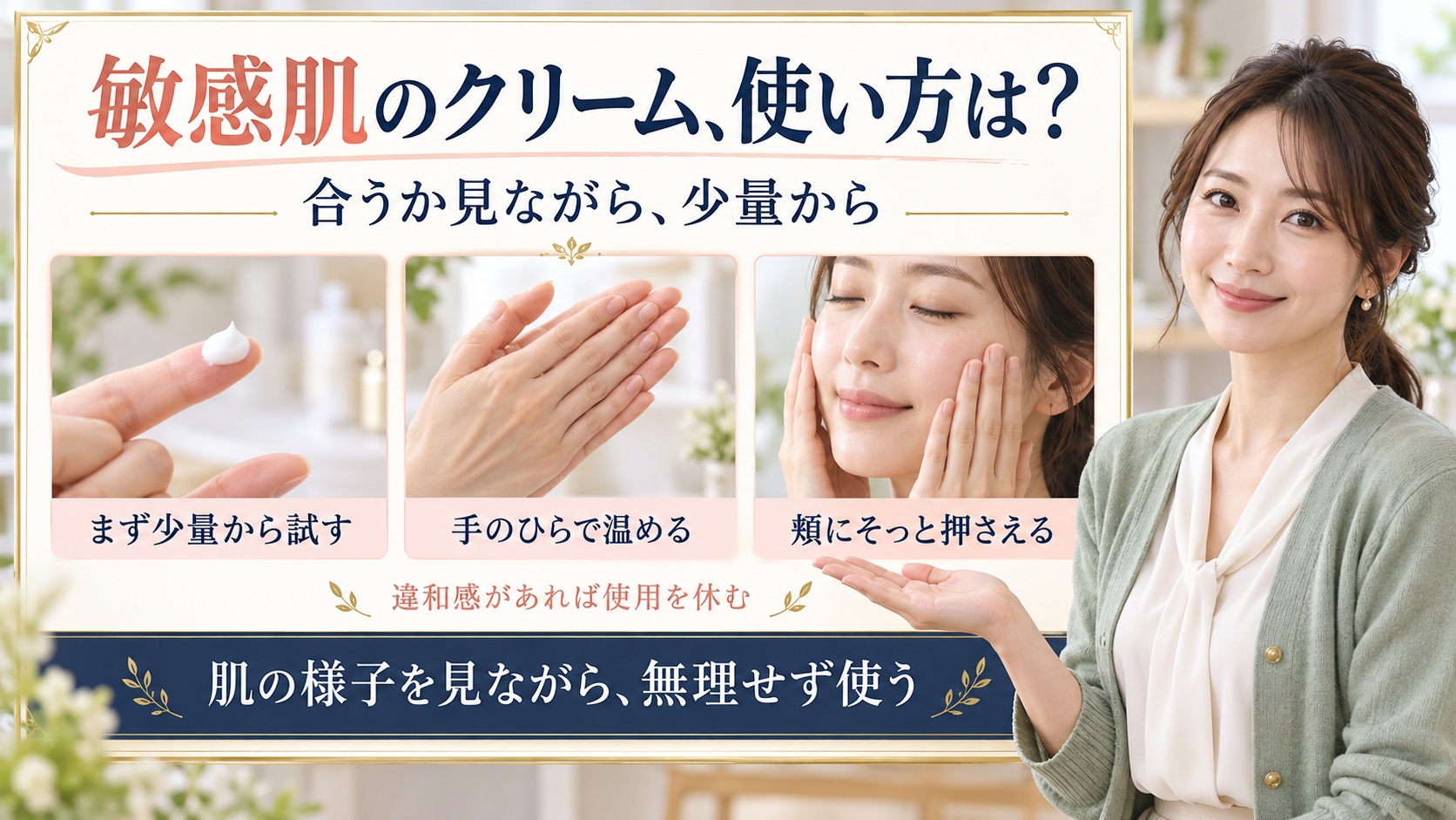 エッセンシャルイネルジャのクリームを少量から始め、手のひらで温めて頬にそっと押さえる使い方を示す美容ボード。違和感時は休む案内。