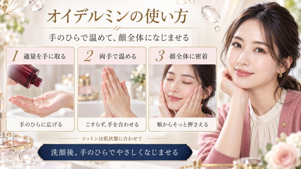 オイデルミンを手のひらで温めて顔全体になじませる手順を示した美容解説ボード