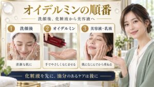 洗顔後にオイデルミンをなじませ、美容液や乳液を重ねる順番を3つの写真で示した美容解説ボード。右側に美容アドバイザー。