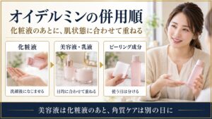 オイデルミンの併用順を示す美容ボード。化粧液、美容液・乳液、ピーリング成分を使う日の分け方を紹介。