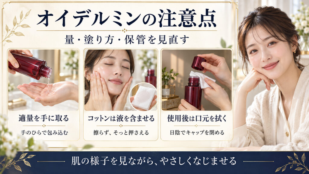 オイデルミンの適量、コットンの使い方、使用後の保管を示す美容解説ボード