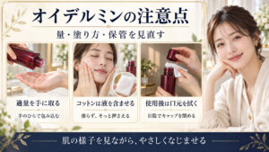 オイデルミンの適量、コットンの使い方、使用後の保管を示す美容解説ボード