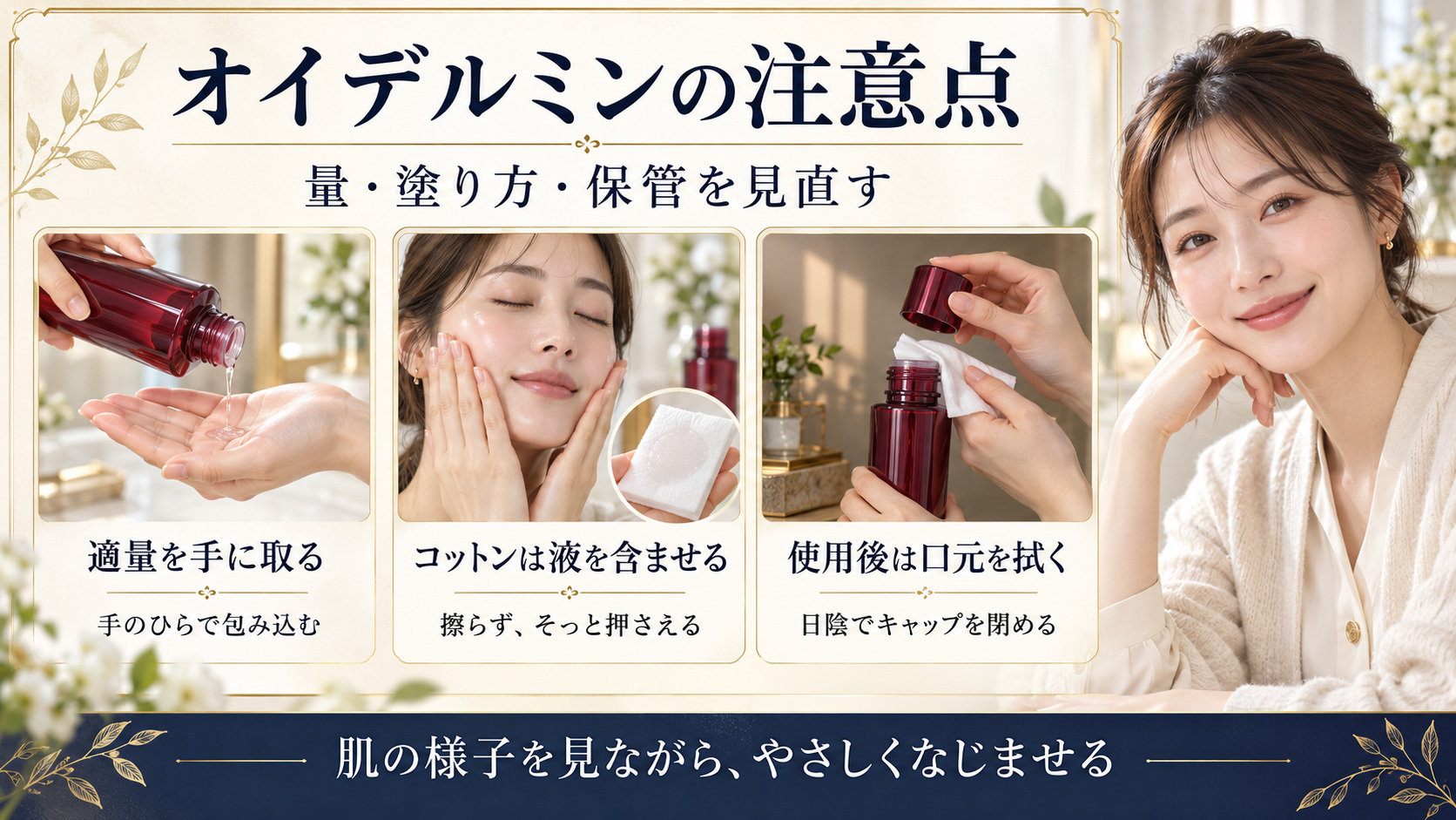 オイデルミンの適量、コットンの使い方、使用後の保管を示す美容解説ボード