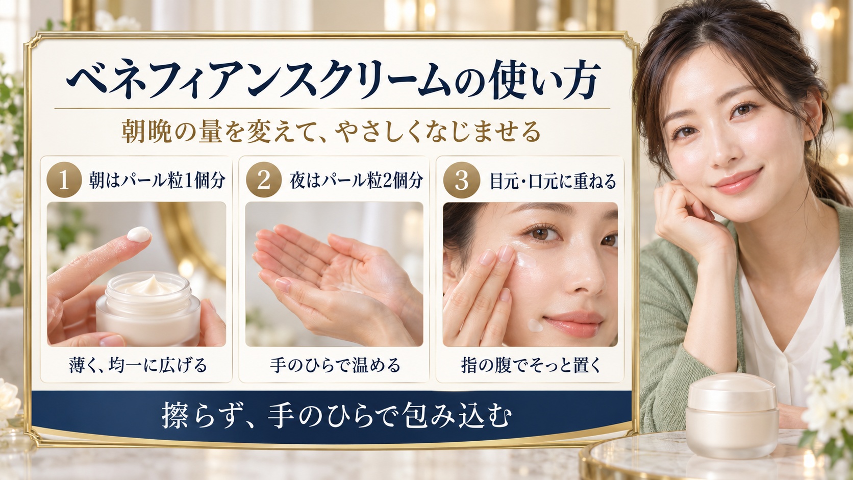 朝晩の量を変え、ベネフィアンスクリームを手のひらや指の腹でやさしくなじませる使い方を示した美容ボード