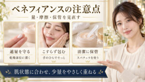 ベネフィアンスのクリームを少量使い、手のひらでやさしくなじませ、スパチュラで清潔に扱う注意点を示す美容解説ボード