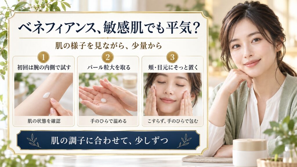 肌の様子を見ながら少量から試す、ベネフィアンスクリームの使い方を示した美容ボード