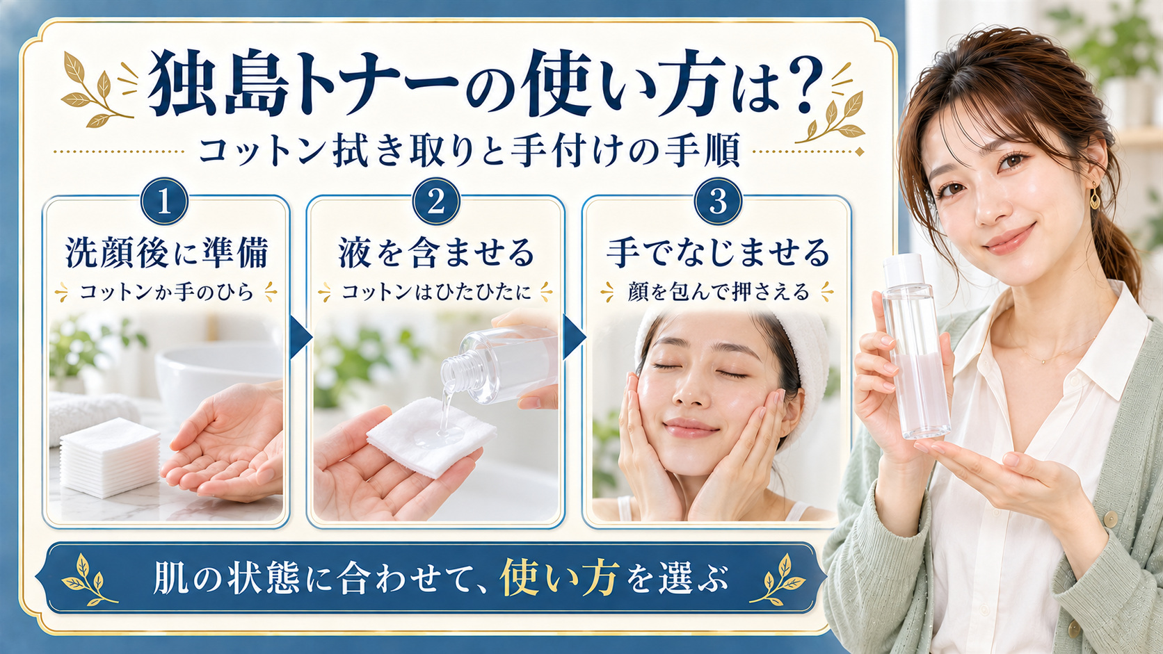 独島トナーの使い方を紹介する美容ボード。コットンに化粧水を含ませる手順と、手のひらで顔になじませる方法を案内。