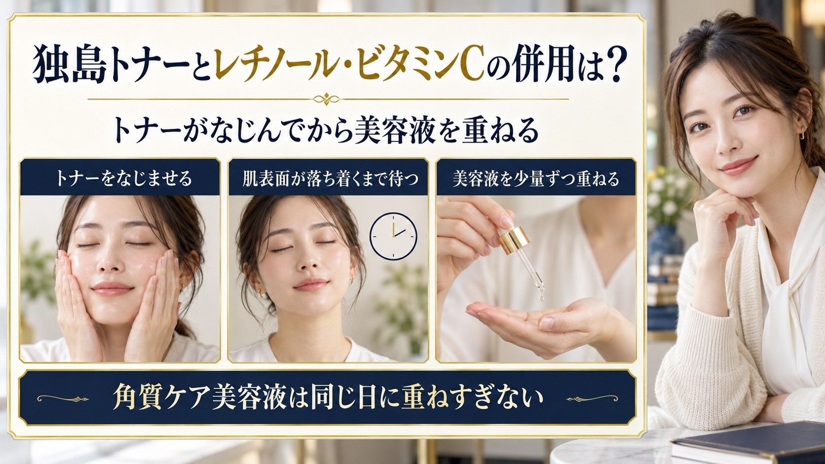 独島トナーがなじんだ後に美容液を重ねる手順を示す美容解説ボード。トナーをなじませる、肌表面が落ち着くまで待つ、美容液を少量ずつ重ねる3場面と美容アドバイザー。
