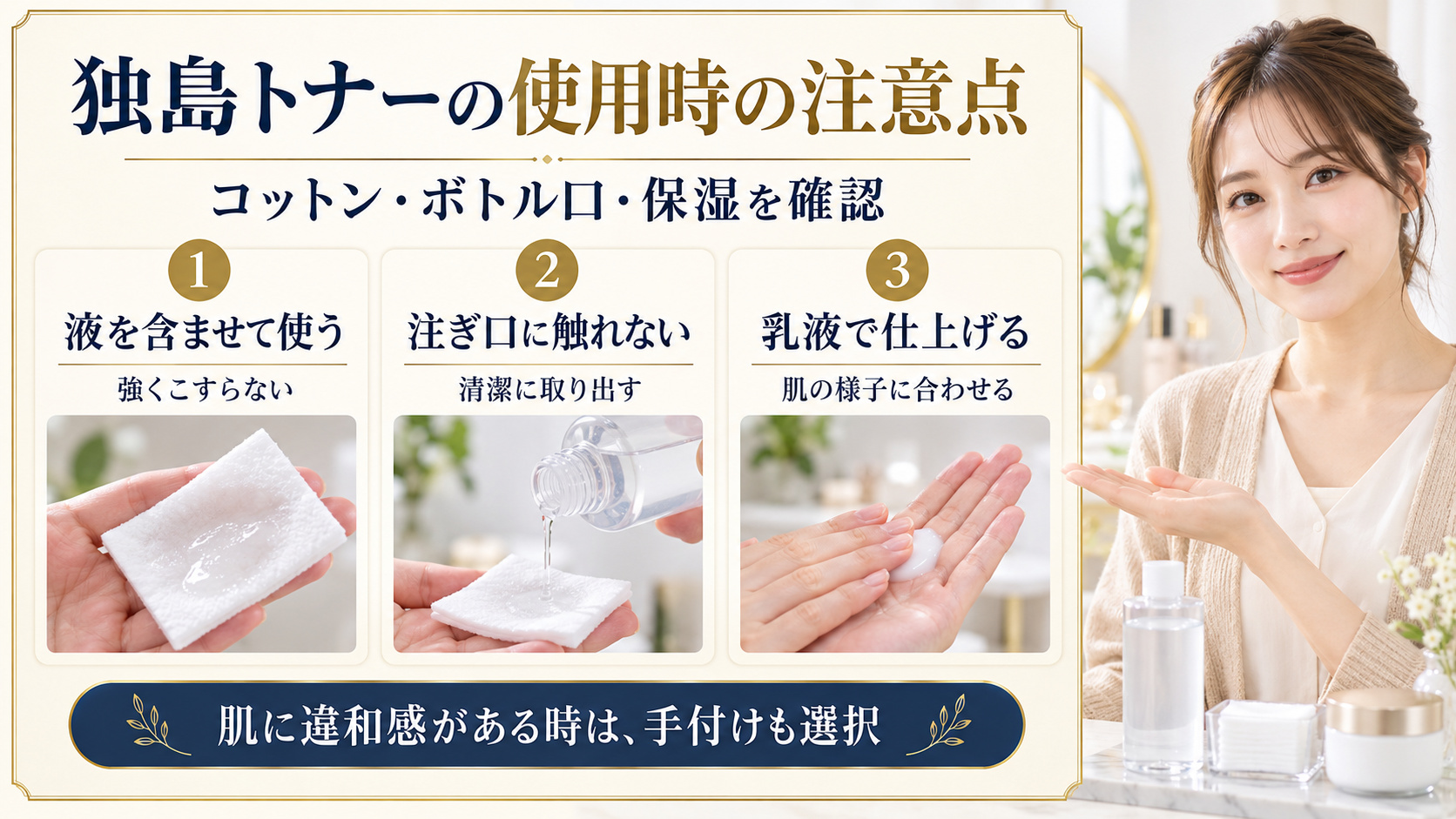 独島トナー使用時のコットンの液量、ボトル注ぎ口の衛生、乳液での仕上げを3段階で説明する美容アドバイザー