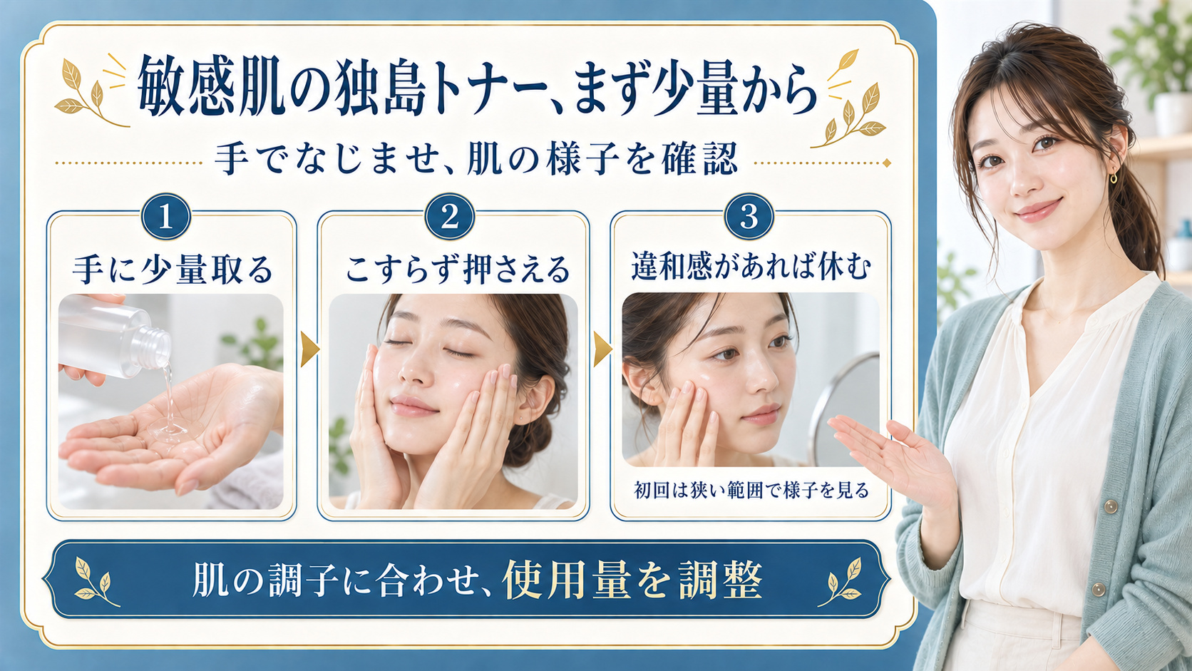 独島トナーを少量手に取り、こすらずなじませ、違和感があれば休む使い方の目安