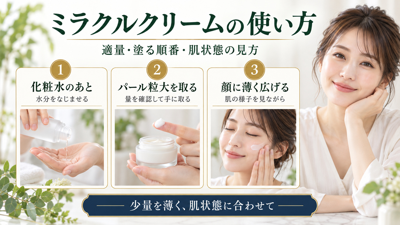 ミラクルクリームの塗る順番と量、肌状態に合わせる使い方を示したアイキャッチ