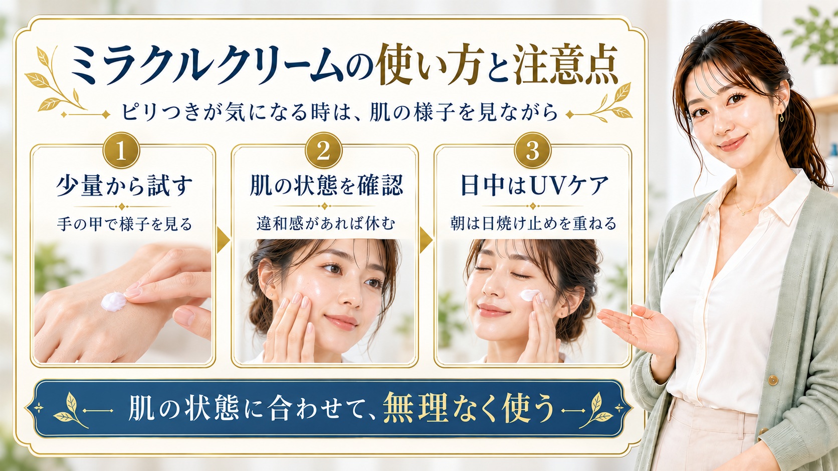 少量から試す、肌の状態を確認する、日中は日焼け止めを重ねる手順を示したミラクルクリームの使い方と注意点の美容解説ボード