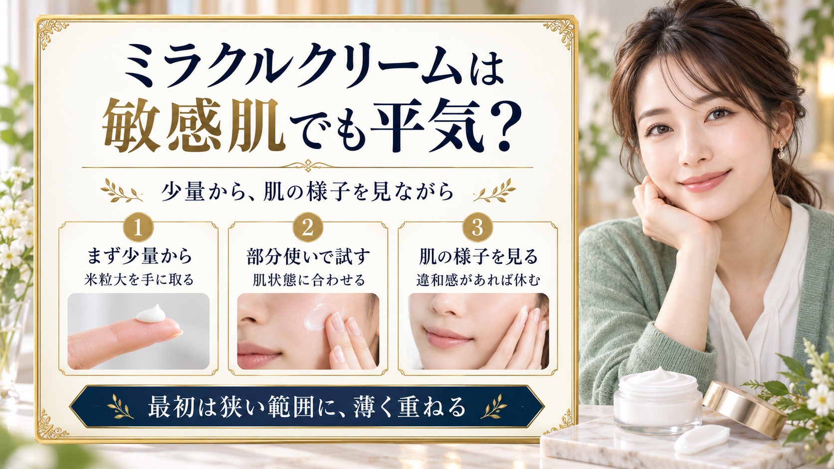 ミラクルクリームを少量から試し、部分使いと肌状態を確認する手順を示すアイキャッチ