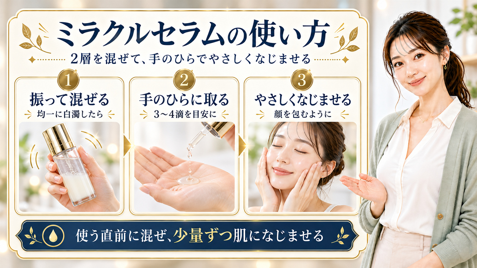 ミラクルセラムの使い方を示す手順。使用前にボトルを振り、手のひらに取り、顔へやさしくなじませる様子。