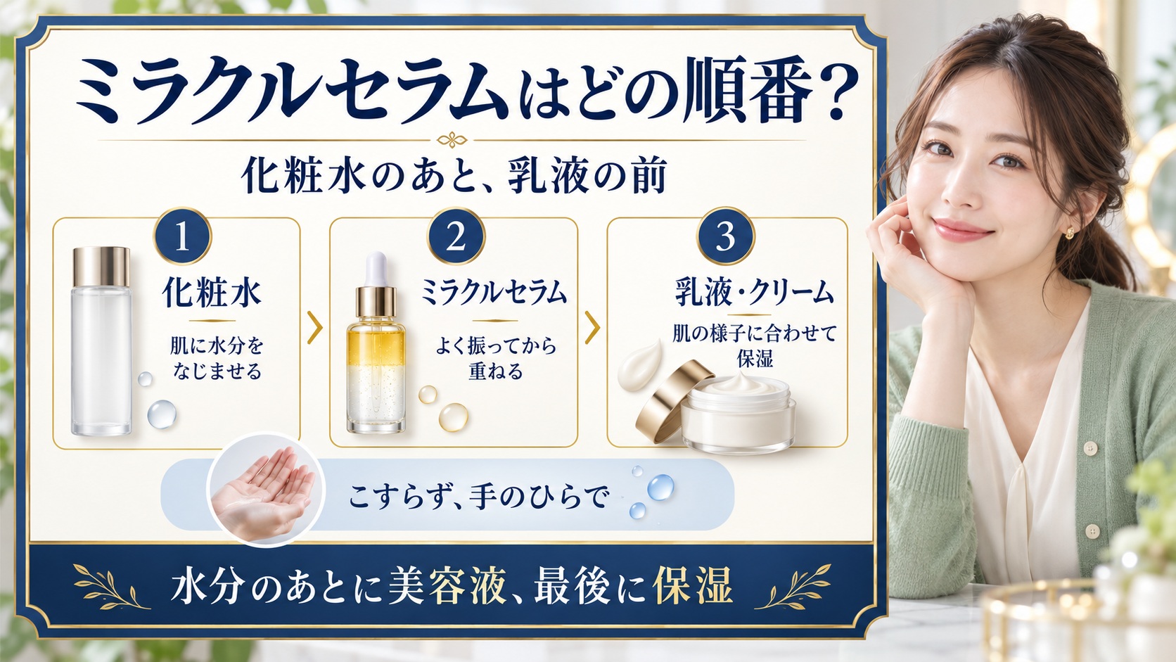 化粧水のあとにミラクルセラム、乳液・クリームと重ねる順番を示す美容ケア図