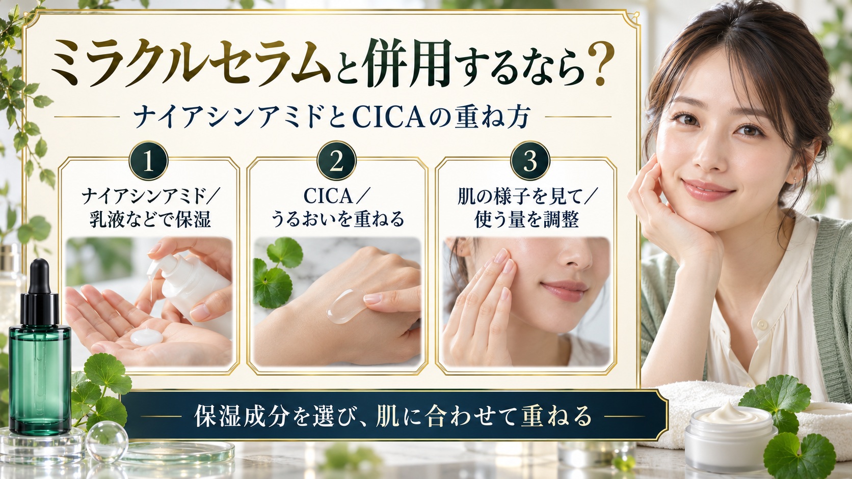 ミラクルセラムとナイアシンアミド、CICAの重ね方を3つのケアカードと美容アドバイザーで示す解説ボード