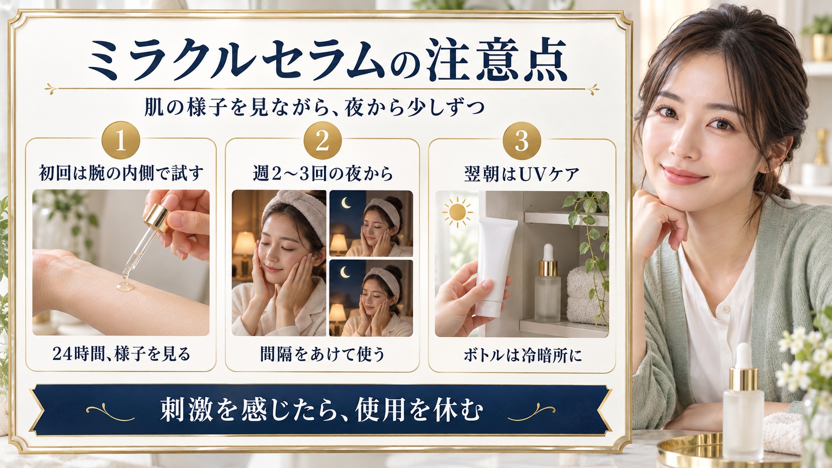 ミラクルセラムの使用頻度調整、日中のUVケア、直射日光を避けた保管を示す美容ボード。違和感時は使用を休む案内。