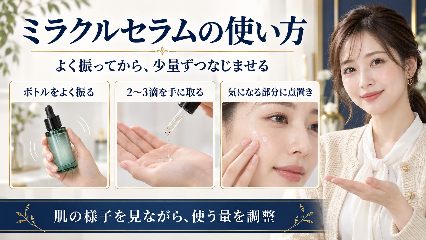美容液の容器を振り、少量を手に取って肌になじませる手順を示したアイキャッチ