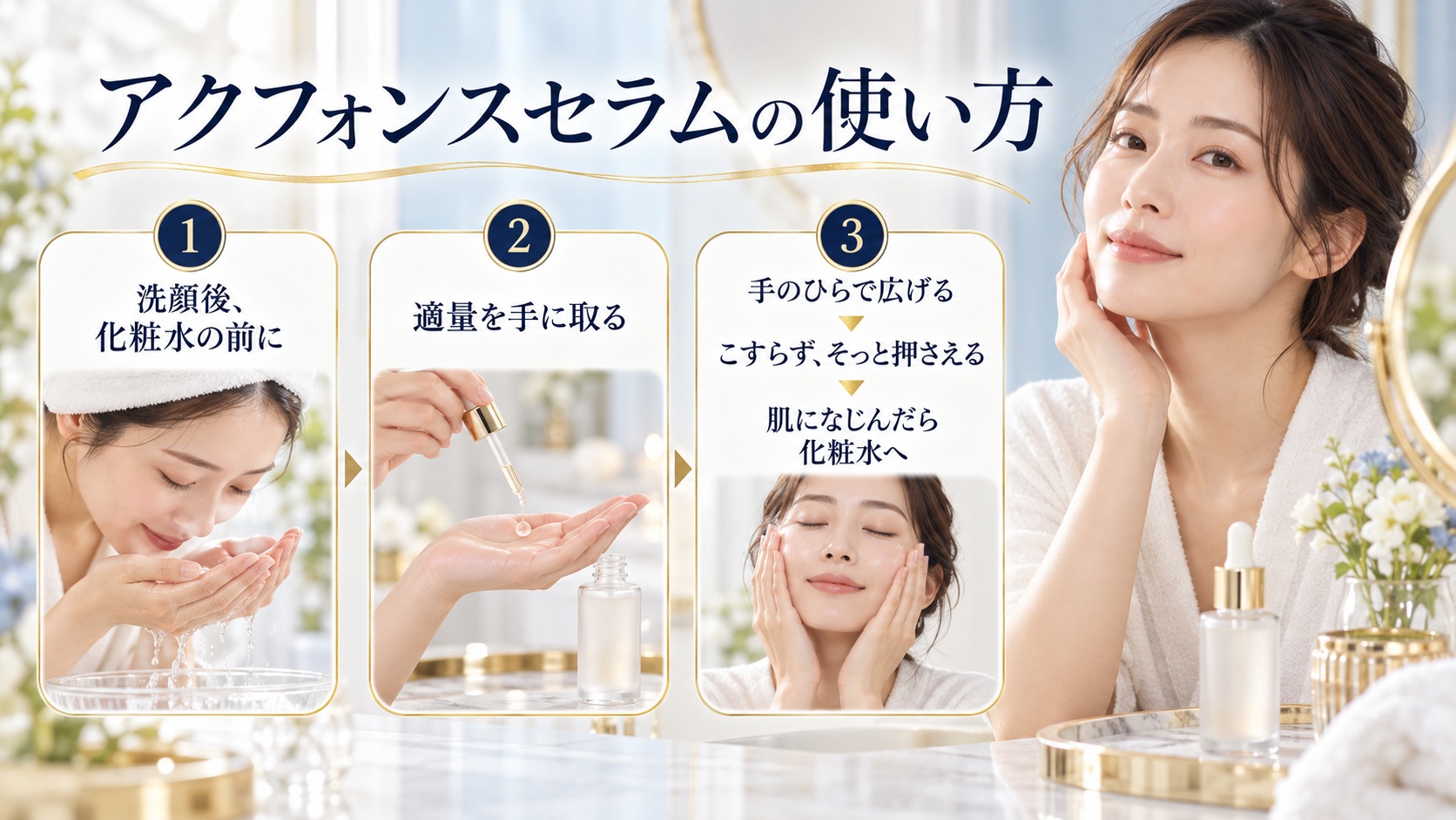 洗顔後に適量を手に取り、こすらず押さえて化粧水へ進む美容液の使い方