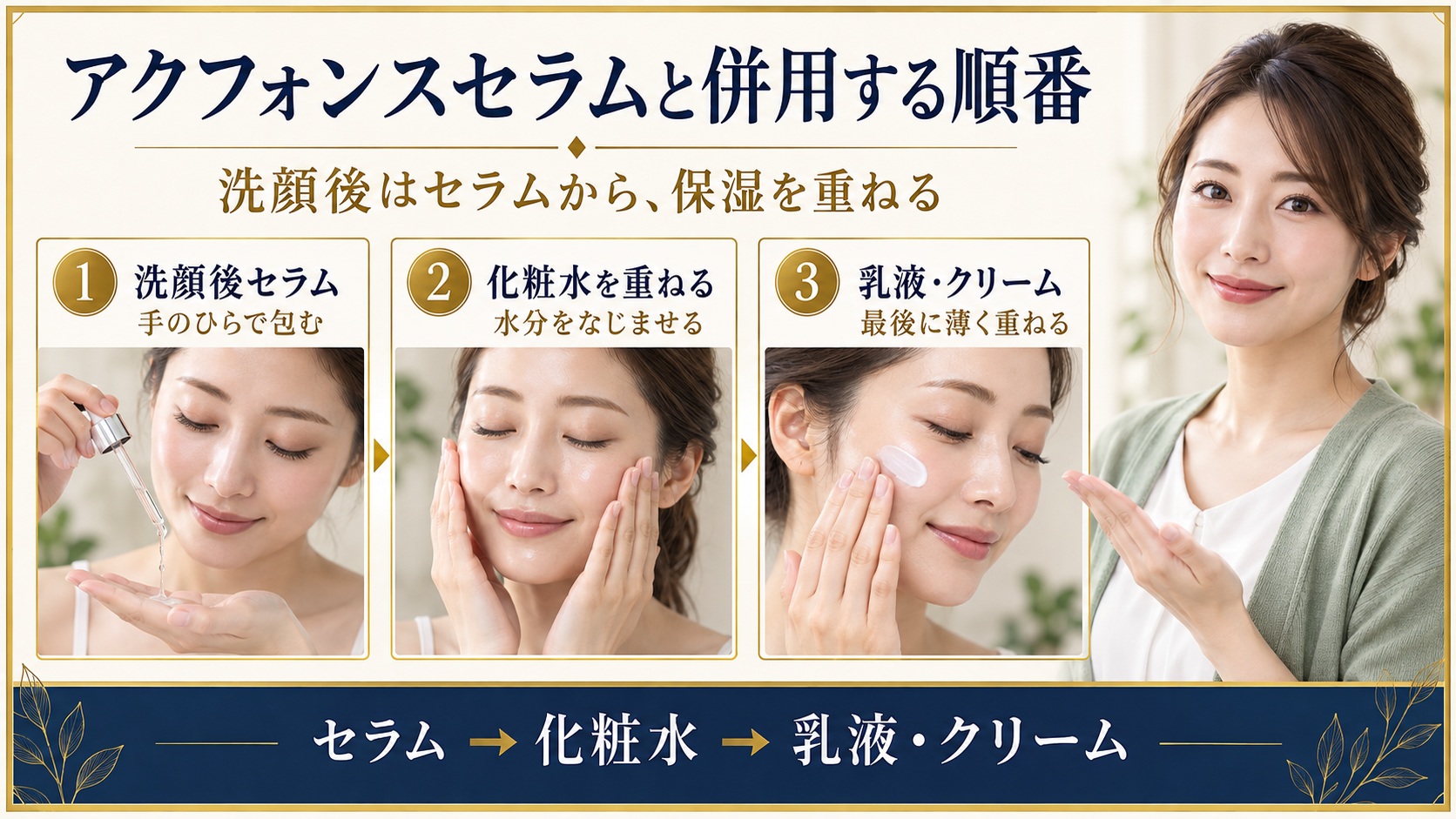 洗顔後に美容液、化粧水、乳液・クリームを重ねるスキンケアの順番