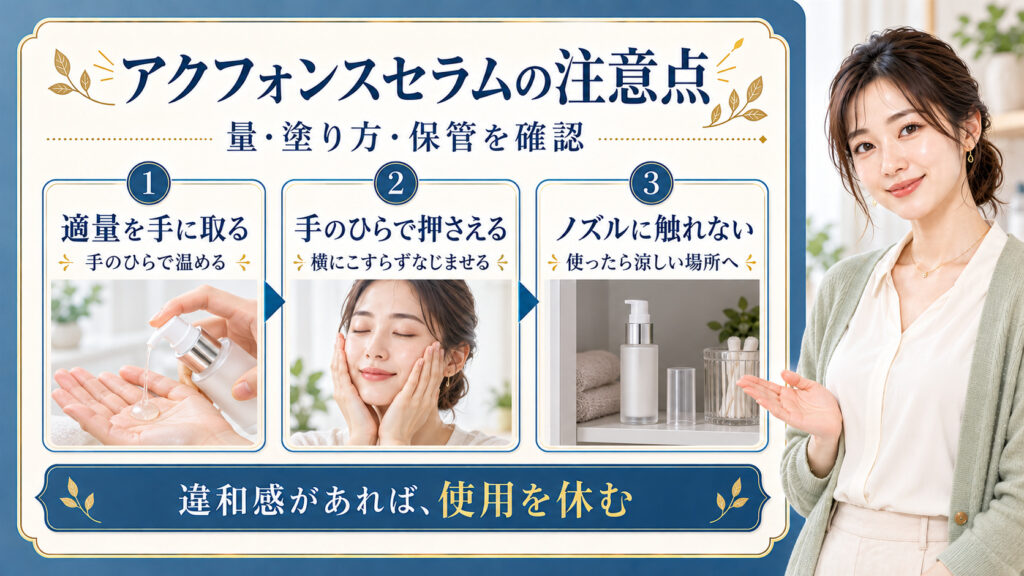 アクフォンスセラムの適量、手のひらでの塗り方、ノズルと保管の注意を示す美容ボード。違和感時は使用を休む案内。